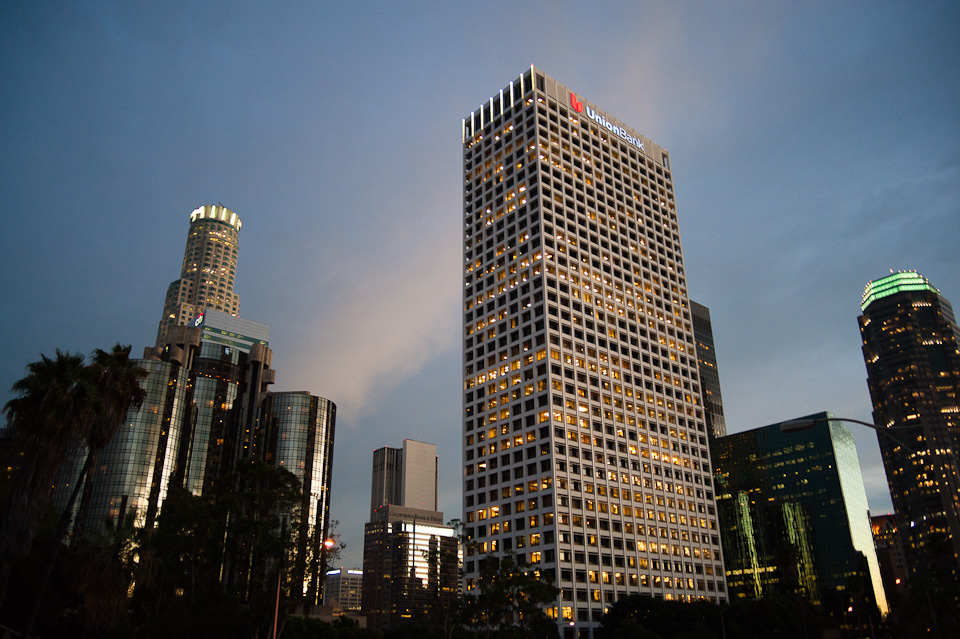 city skyline at dusk